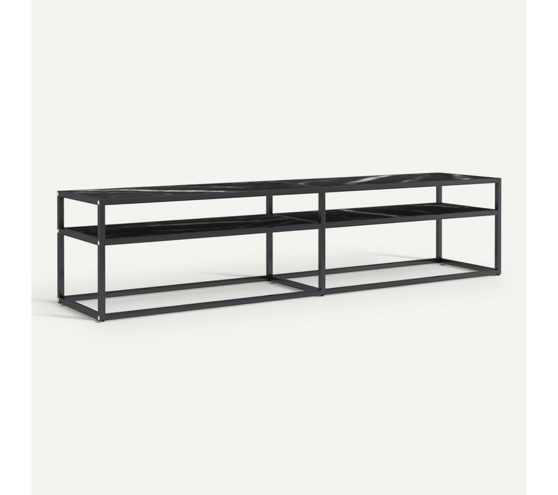 Meuble TV Marbre Noir 180x40x40,5 Cm Verre Trempé