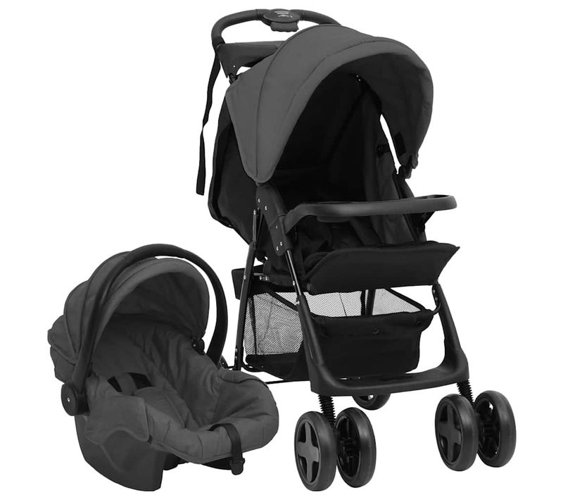 Poussette 3-en-1 Bébé Siège Auto Acier Gris Foncé/noir