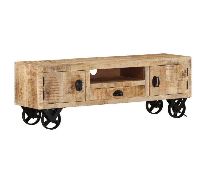 Meuble TV Avec Roues 110x30x37 Cm Bois De Manguier Brut
