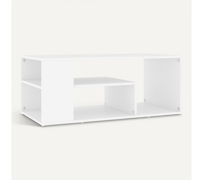 Table Basse 100x50x40 Cm En Bois Contreplaqué Blanc Avec étagères De Rangement