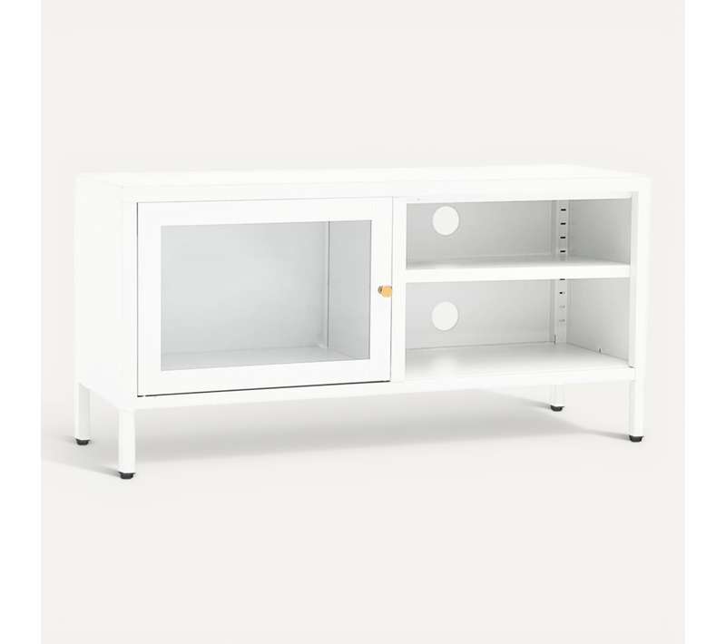 Meuble TV Blanc 90x30x44 Cm Acier Et Verre