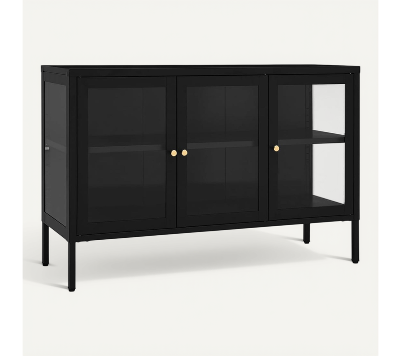 Buffet Noir 105x35x70 Cm Acier Et Verre
