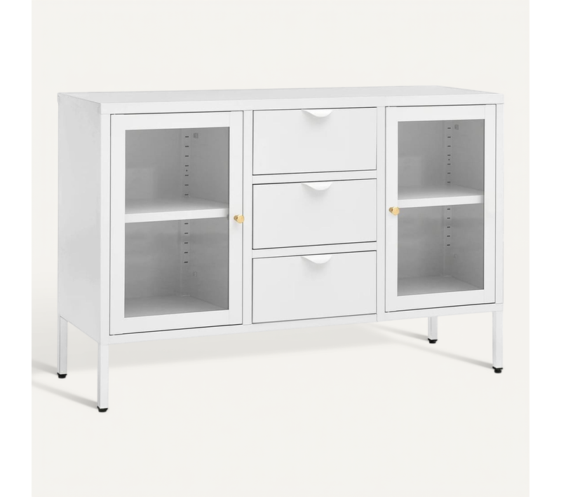 Buffet Blanc 105x35x70 Cm Acier Et Verre Trempé