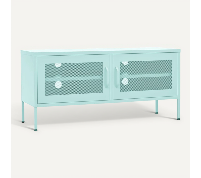 Meuble TV 1 Pièce 2 Portes Grillagées étagère Réglable Acier Menthe 105x35x50 Cm