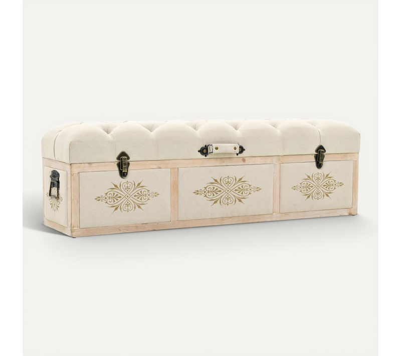 Banc De Rangement 110 Cm Crème Bois De Sapin Massif Et Tissu