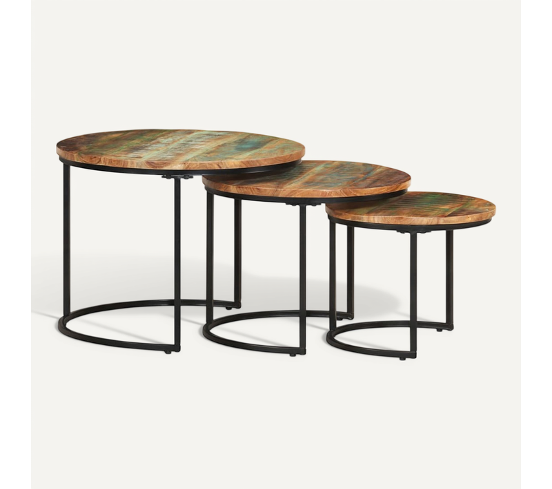 Lot De 3 Tables Gigognes Bois Recyclé Massif Finition Multicolore Pieds En Fer Noir