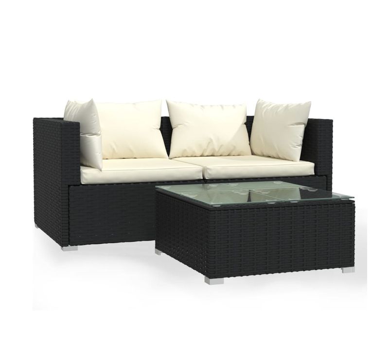 Salon De Jardin 3 Pièces Avec Coussins Noir Résine Tressée Mobilier Ensemble De Meubles Terrasse