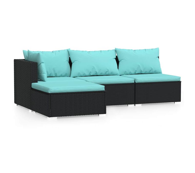 Salon De Jardin 4 Pièces Avec Coussins Noir Résine Tressée Mobilier Ensemble De Meubles Terrasse