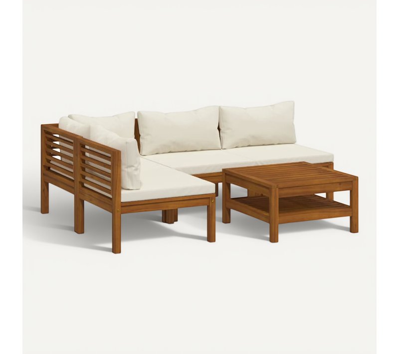 Salon De Jardin 5 Pièces Avec Coussin Crème Bois D'acacia Solide Mobilier Ensemble De Meubles