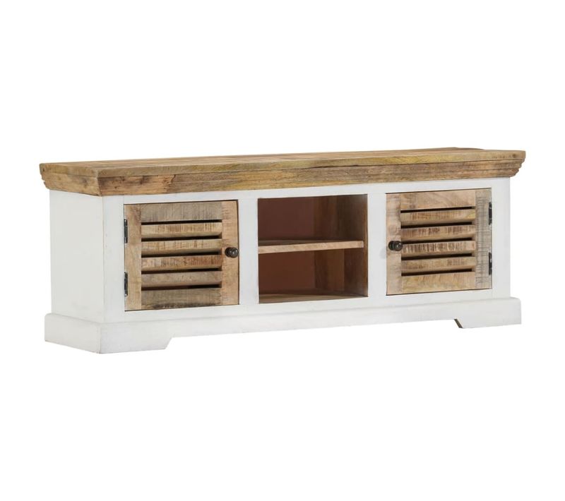 Meuble TV 2 Portes 2 Compartiments En Bois De Manguier Massif Rustique 110 X 30 X 40 Cm
