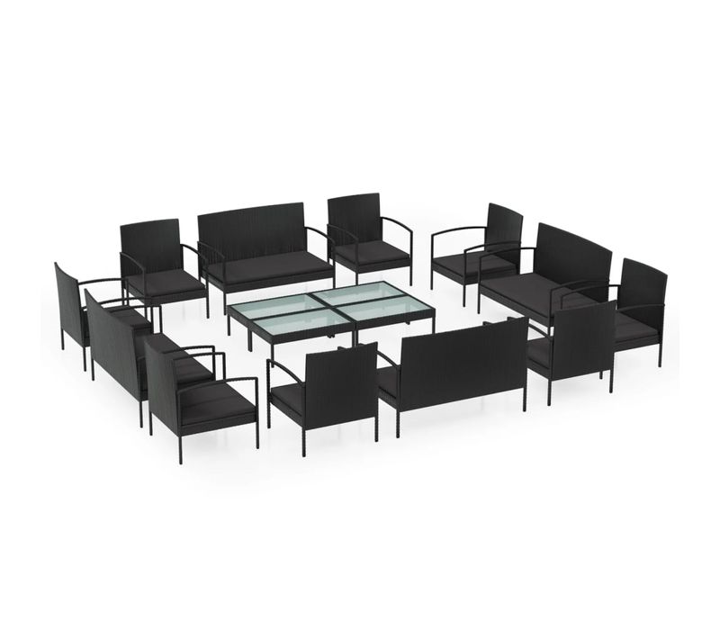 Salon De Jardin 16 PCs Avec Coussins Résine Tressée Noir