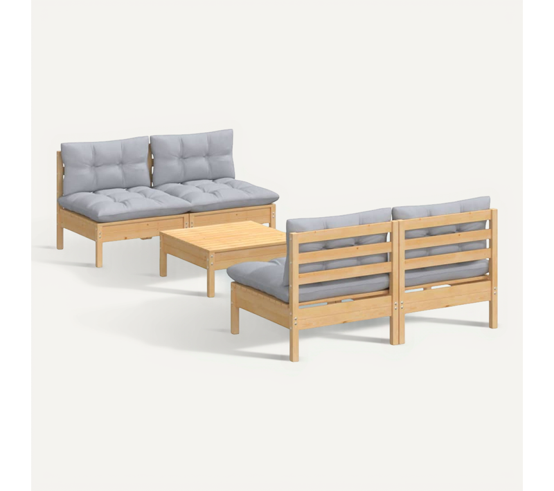 Salon De Jardin 5 Pièces Avec Coussins Gris Bois De Pin Modulaire