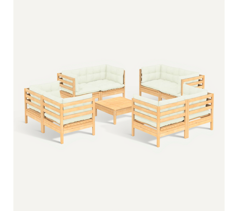 Salon De Jardin 9 Pièces Avec Coussins Crème Bois De Pin Modulaire