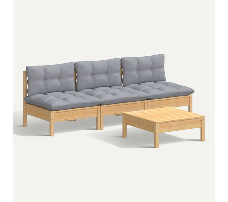Salon De Jardin 4 Pièces Avec Coussins Gris Bois De Pin Modulaire