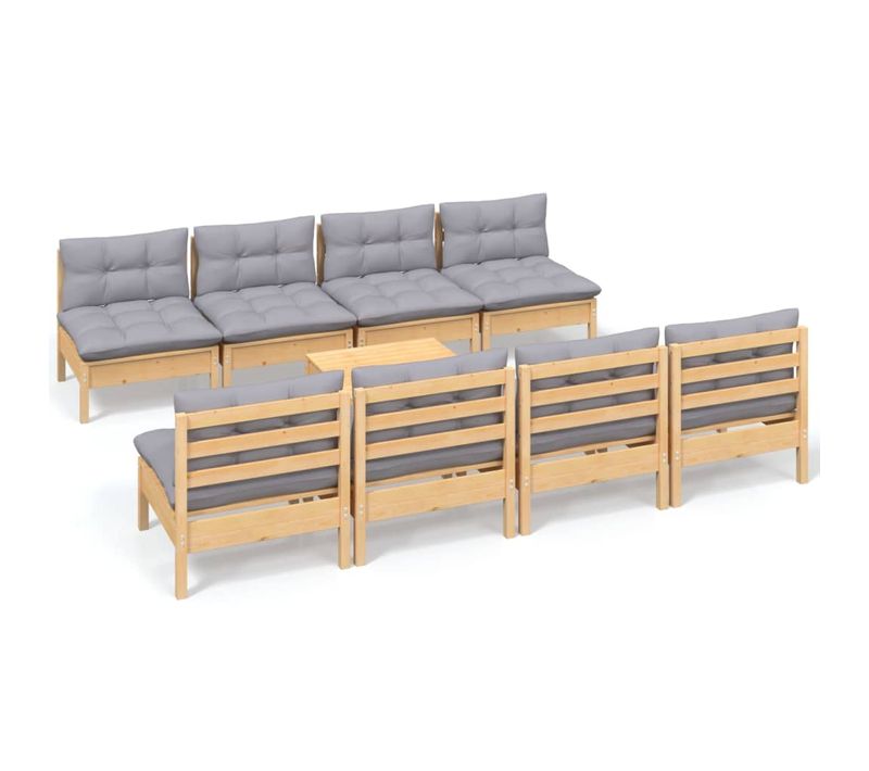 Salon De Jardin 9 Pièces Avec Coussins Gris Bois De Pin Massif Modulaire
