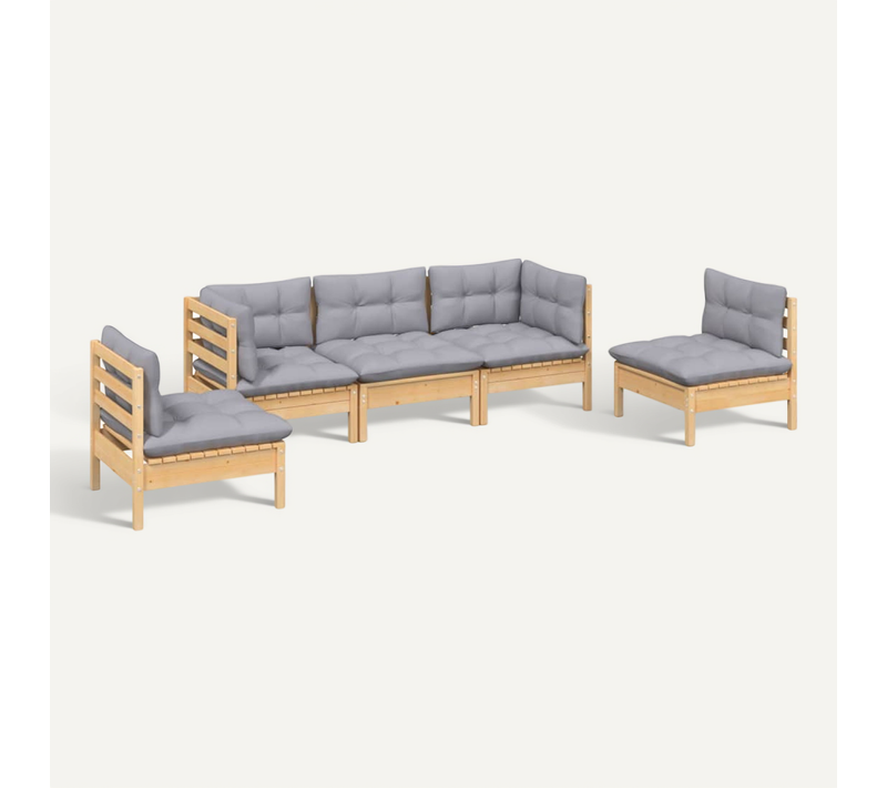 Salon De Jardin 5 Pièces Avec Coussins Gris Bois De Pin Massif Modulaire