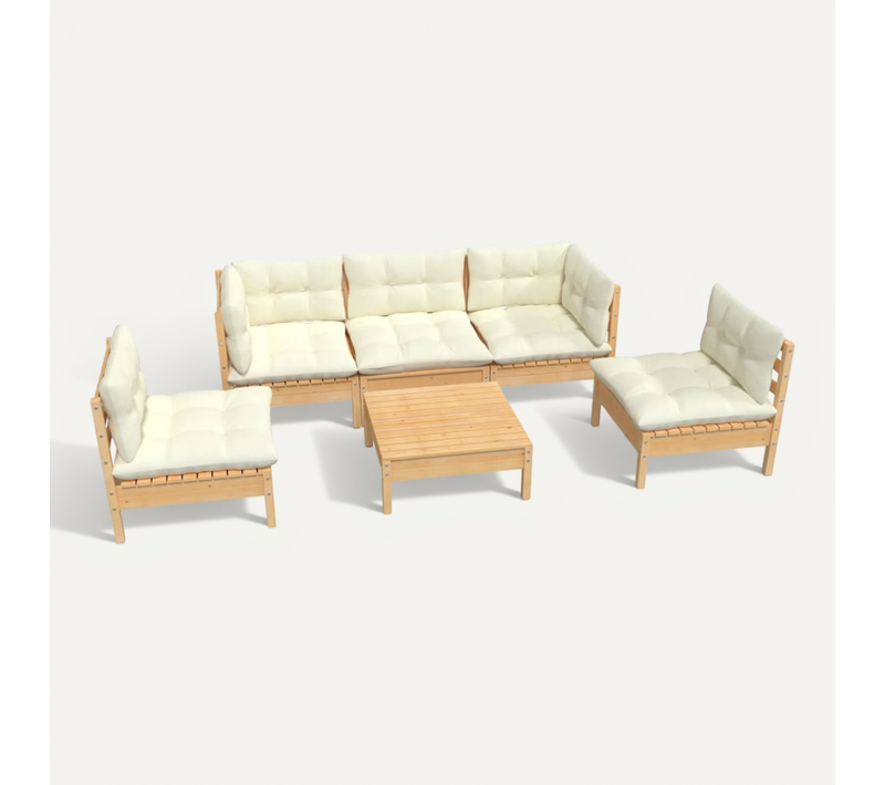 Salon De Jardin 6 Pièces Avec Coussins Crème Bois De Pin Massif Modulaire