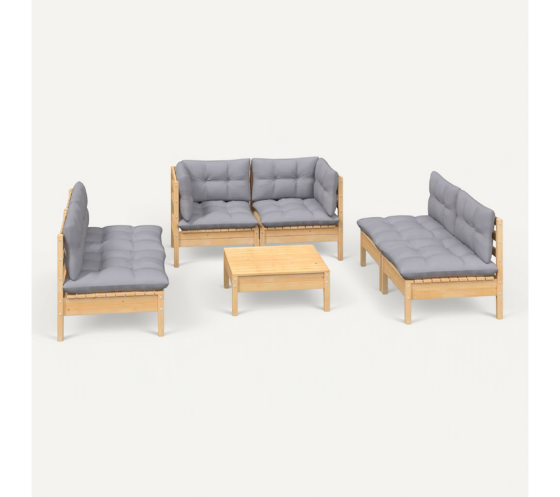Salon De Jardin 7 Pièces Avec Coussins Gris Bois De Pin Massif Modulaire
