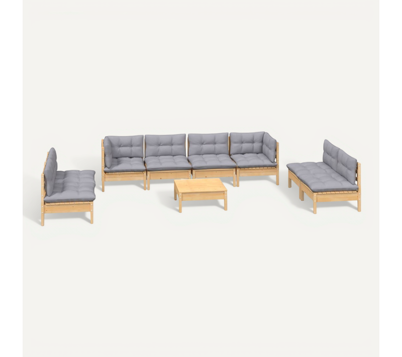 Salon De Jardin 9 Pièces Avec Coussins Gris Bois De Pin Massif Modulaire