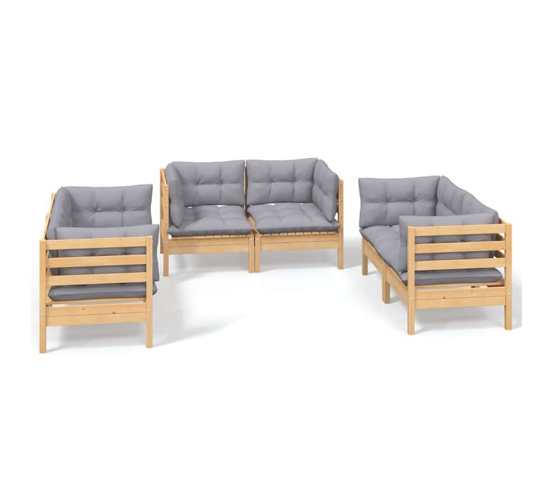 Salon De Jardin 6 Pièces Avec Coussins Gris Bois De Pin Massif
