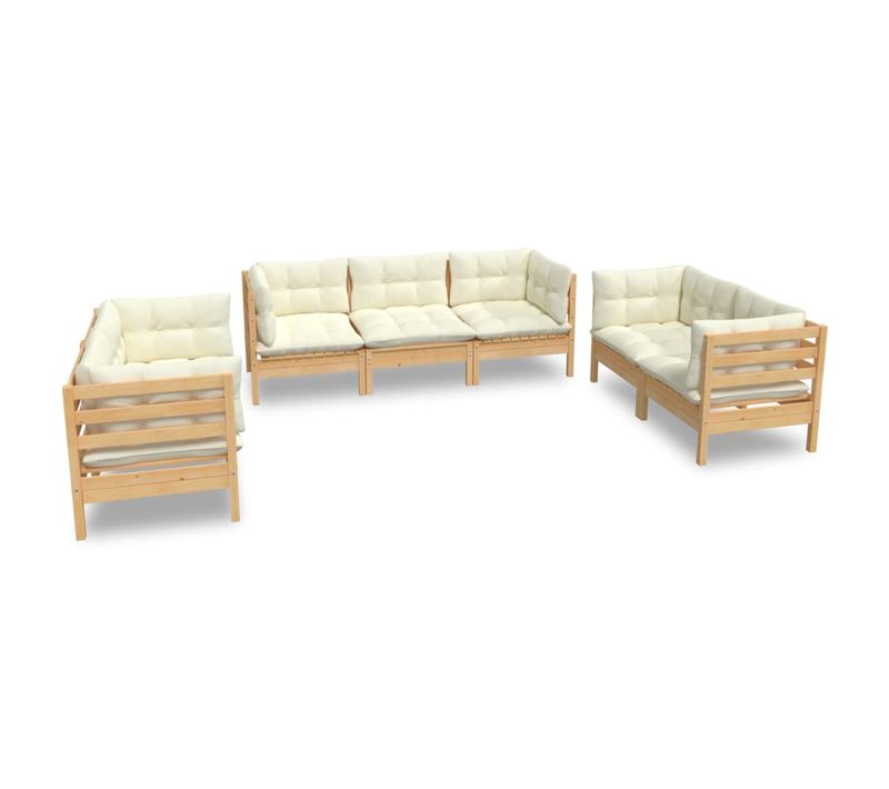 Salon De Jardin 7 Pièces Avec Coussins Crème Bois De Pin Massif