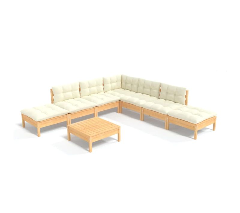 Salon De Jardin 8 Pièces Avec Coussins Crème Bois De Pin