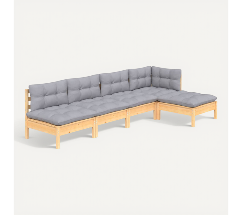 Salon De Jardin 5 Pièces Avec Coussins Gris Bois De Pin Modulaire