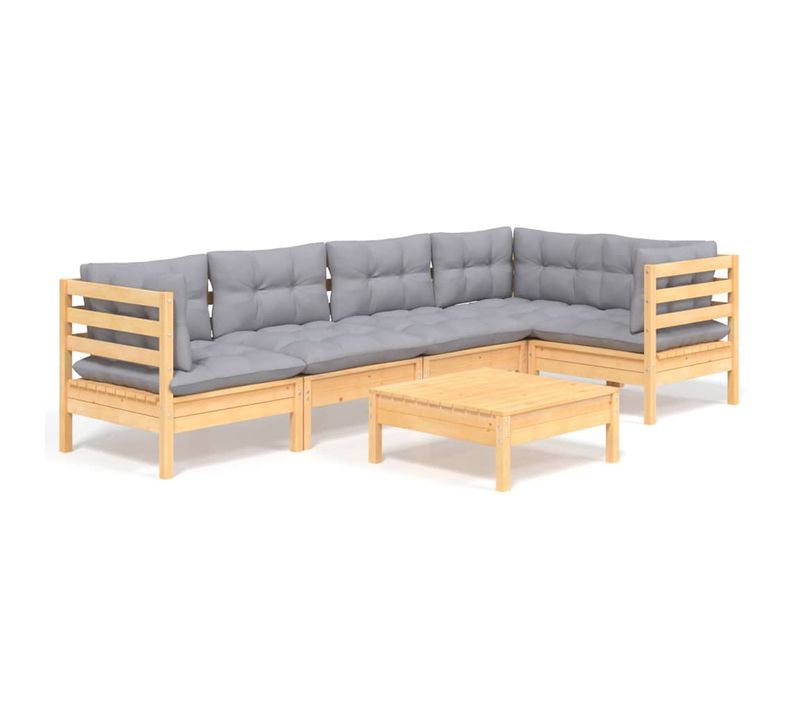 Salon De Jardin 6 Pièces Avec Coussins Gris Bois De Pin