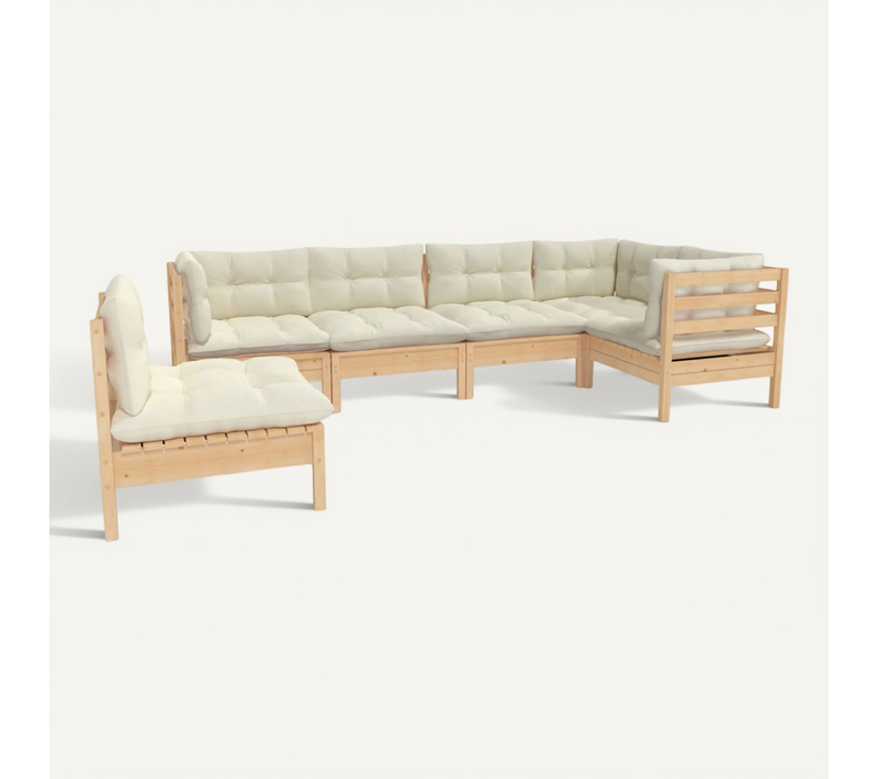 Salon De Jardin 6 Pièces Avec Coussins Crème Bois De Pin Modulaire