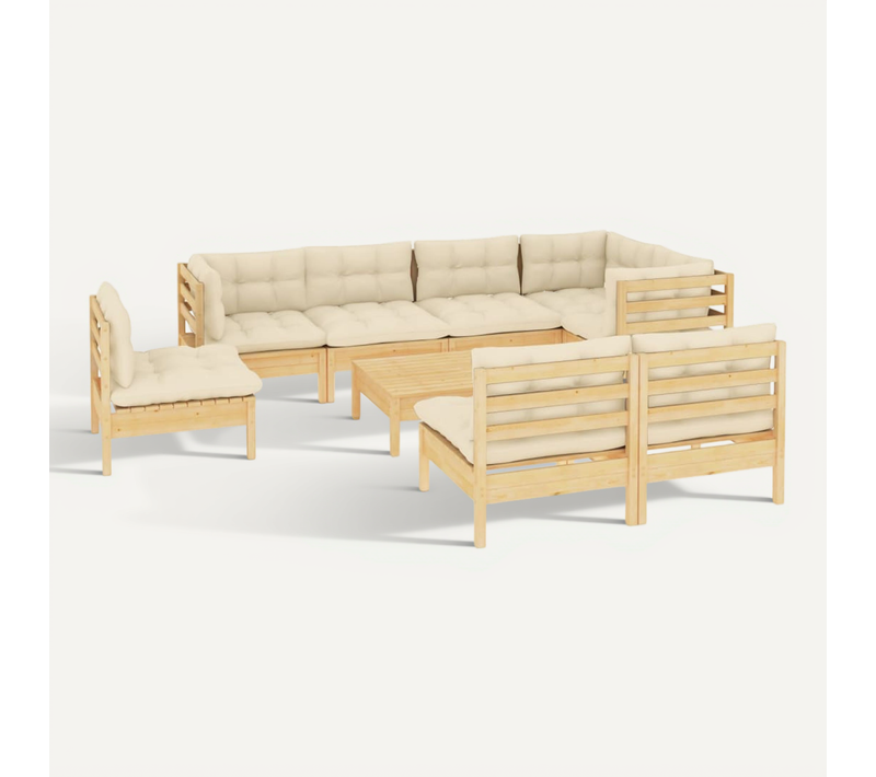 Salon De Jardin 9 Pièces Avec Coussins Crème Bois De Pin Massif Modulaire