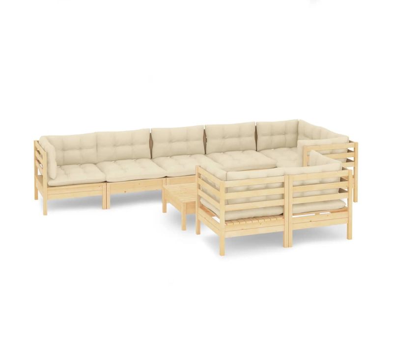 Salon De Jardin 9 Pièces Avec Coussins Crème Bois De Pin Massif