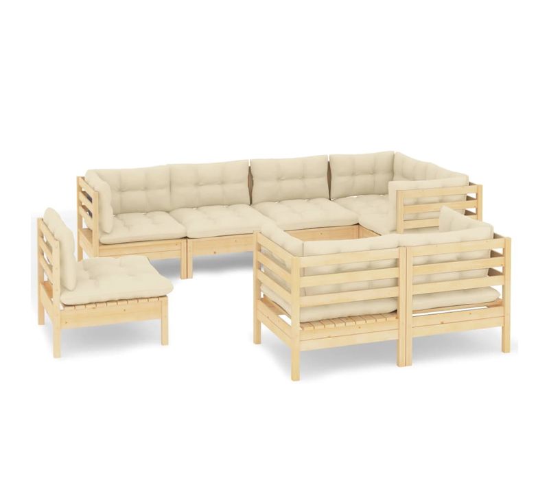 Salon De Jardin 8 Pièces Avec Coussins Crème Bois De Pin Massif