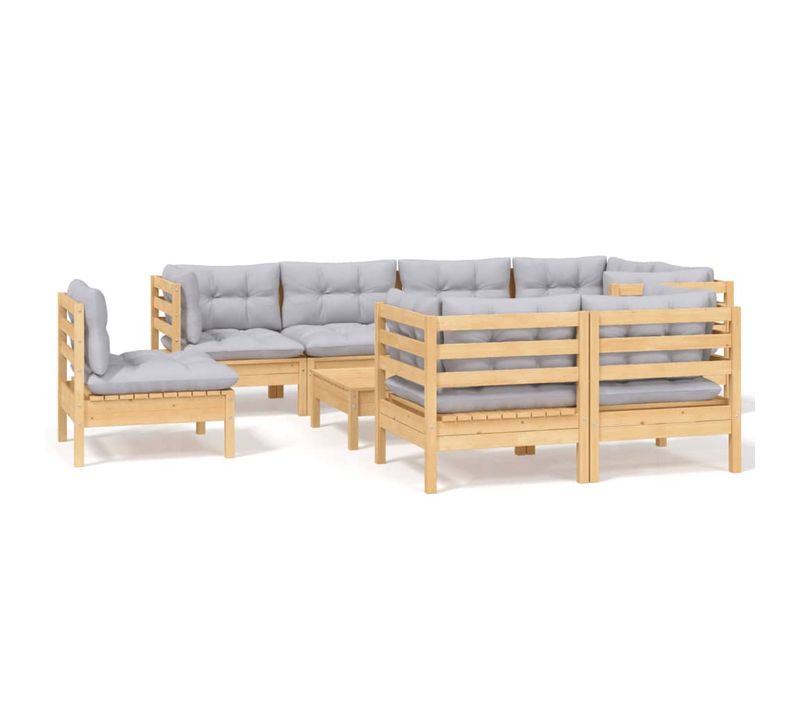 Salon De Jardin 9 Pièces Avec Coussins Gris Bois De Pin Massif