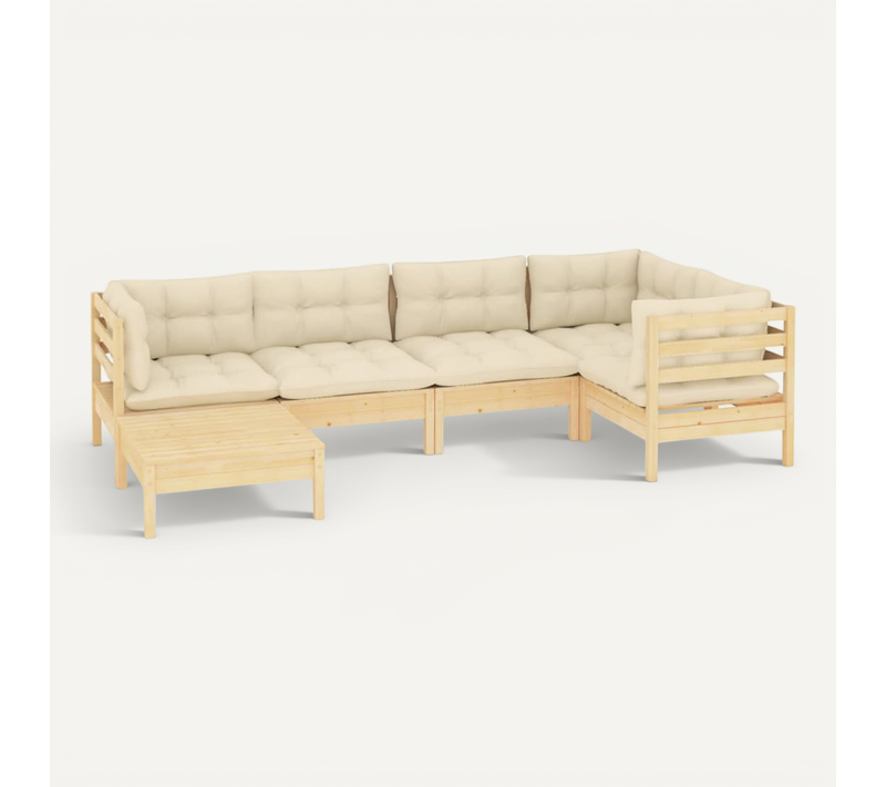 Salon De Jardin 6 Pièces Avec Coussins Crème Bois De Pin Massif Modulaire