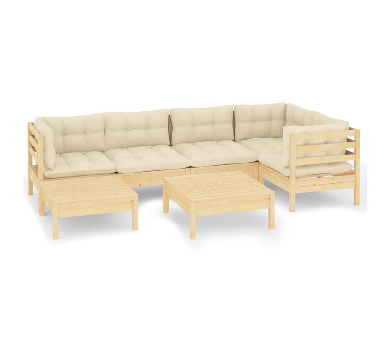 Salon De Jardin 7 Pièces Avec Coussins Crème Bois De Pin Massif