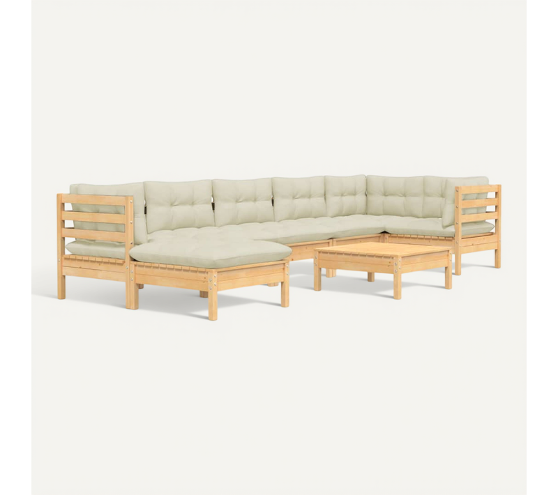 Salon De Jardin 8 Pièces Avec Coussins Crème Bois De Pin Massif Modulaire