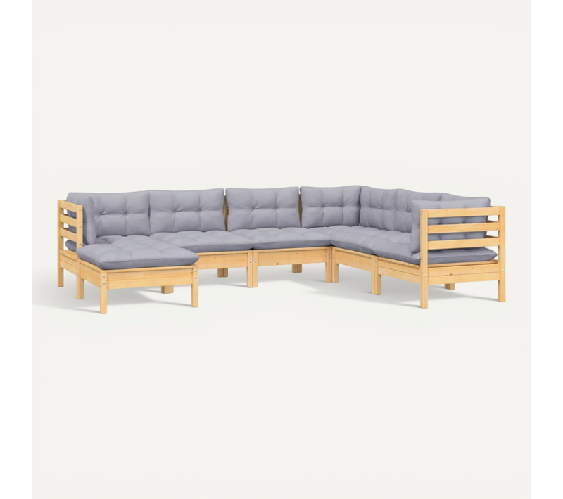 Salon De Jardin 7 Pièces Avec Coussins Gris Bois De Pin Massif Modulaire