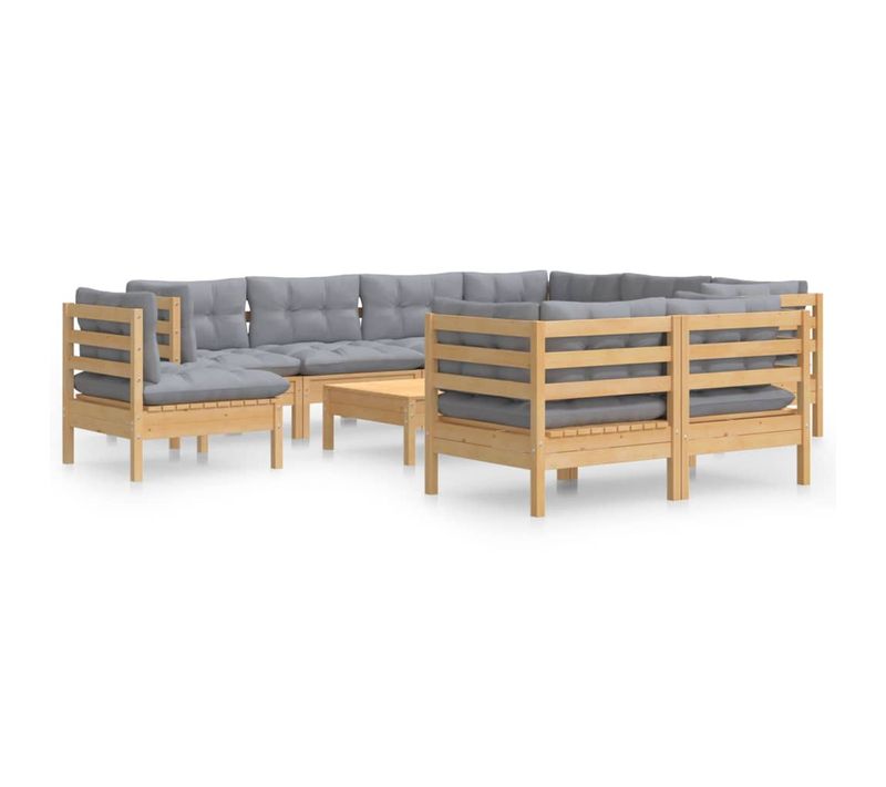 Salon De Jardin 10 Pièces Avec Coussins Gris Bois De Pin Massif