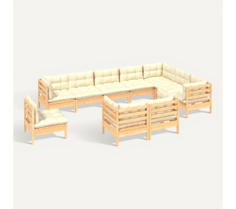 Salon De Jardin 10 Pièces Avec Coussins Crème Bois De Pin Massif Modulaire