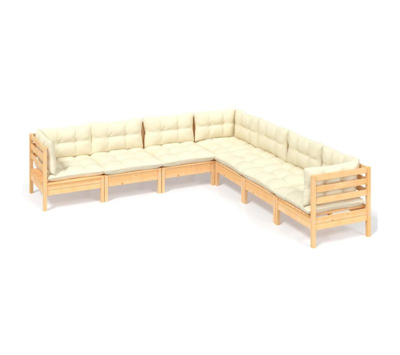Salon De Jardin 7 Pièces Avec Coussins Crème Bois De Pin Massif