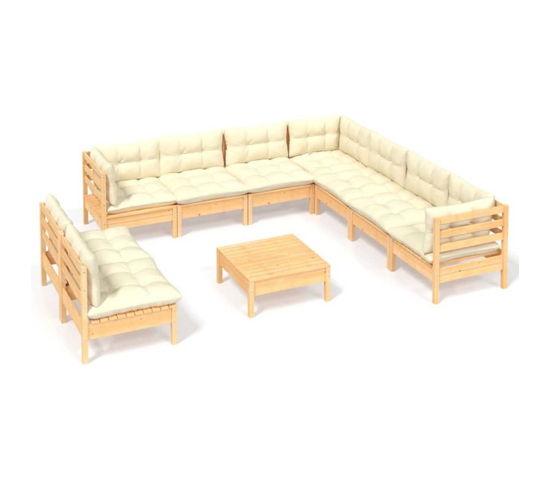 Salon De Jardin 10 Pièces Avec Coussins Crème Bois De Pin Massif