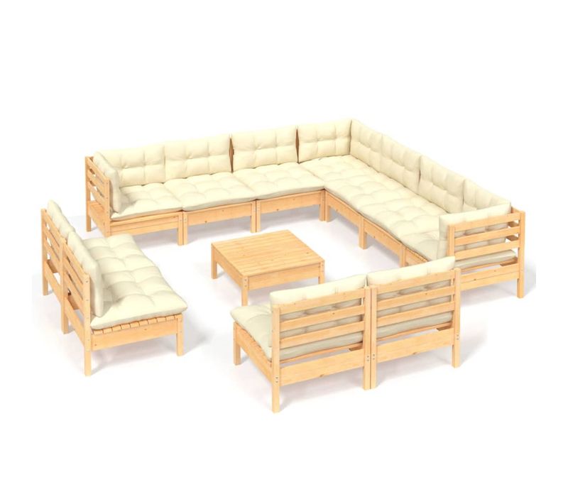 Salon De Jardin 12 PCs Avec Coussins Crème Bois De Pin Massif