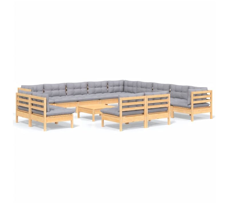 Salon De Jardin 14 Pièces Avec Coussins Gris Bois De Pin Solide