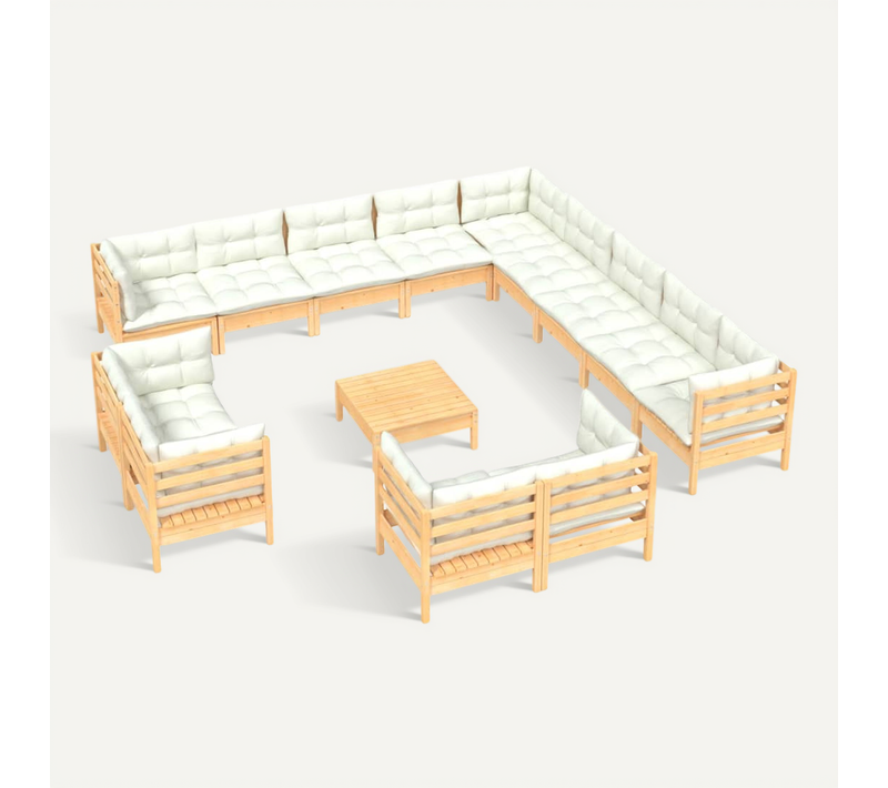 Salon De Jardin 14 PCs Avec Coussins Crème Bois De Pin Solide