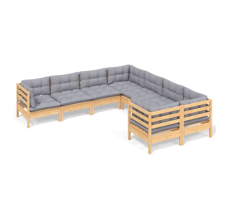 Salon De Jardin 8 Pièces Avec Coussins Gris Bois De Pin Massif