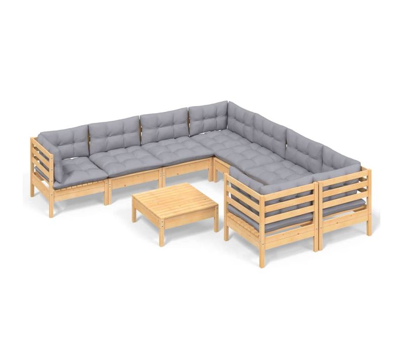 Salon De Jardin 9 Pièces Avec Coussins Gris Bois De Pin
