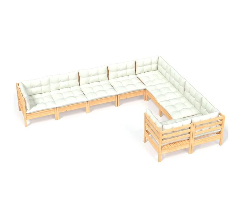 Salon De Jardin 9 Pièces Avec Coussins Crème Bois De Pin