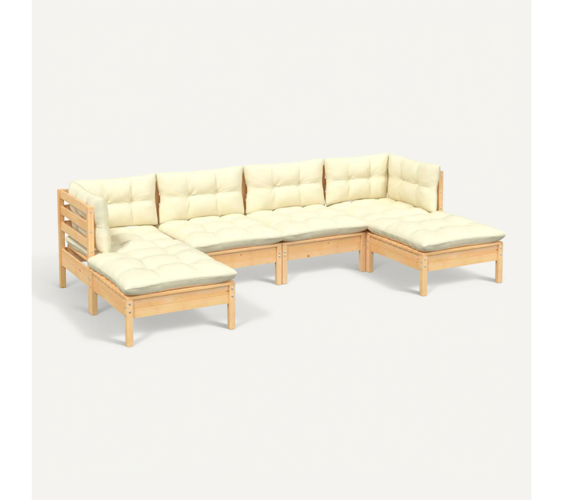 Salon De Jardin 6 Pièces Avec Coussins Crème Bois De Pin Modulaire