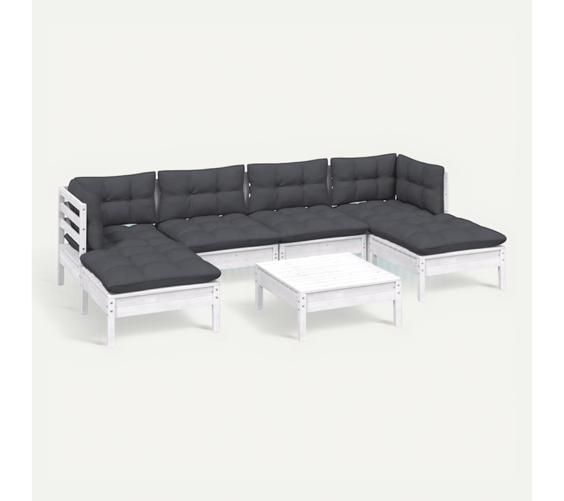Salon De Jardin 7 Pièces Avec Coussins Blanc Bois De Pin Modulaire