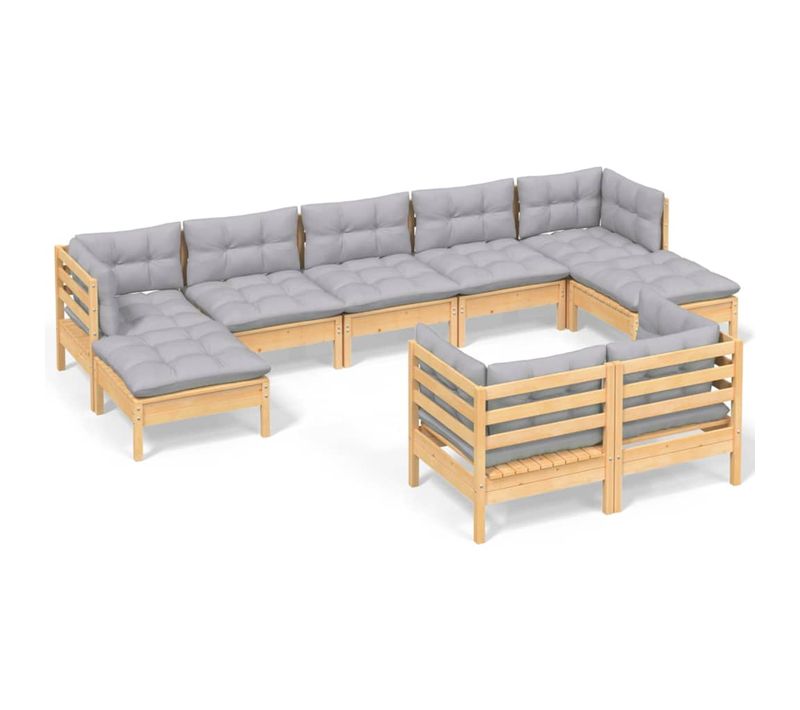 Salon De Jardin 9 Pièces Avec Coussins Gris Bois De Pin Massif